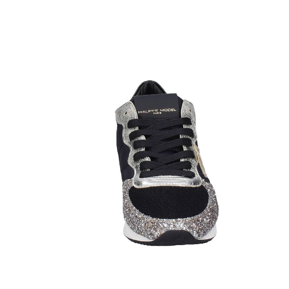 scarpe donna PHILIPPE MODEL sneakers nero tessuto platino glitter EX366 Nuovo