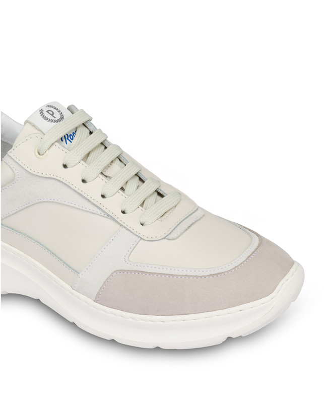 Pollini Sneakers In Vitello, Nabuk E Crosta Roomy Avorio/perla/bianco/bianco/avorio Shopping Online
