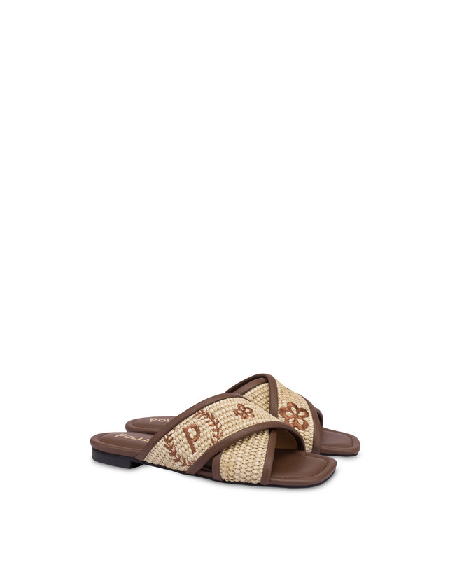 Pollini Sandali Flat In Paglia Intrecciata Macro Heritage Naturale/marrone Sconto