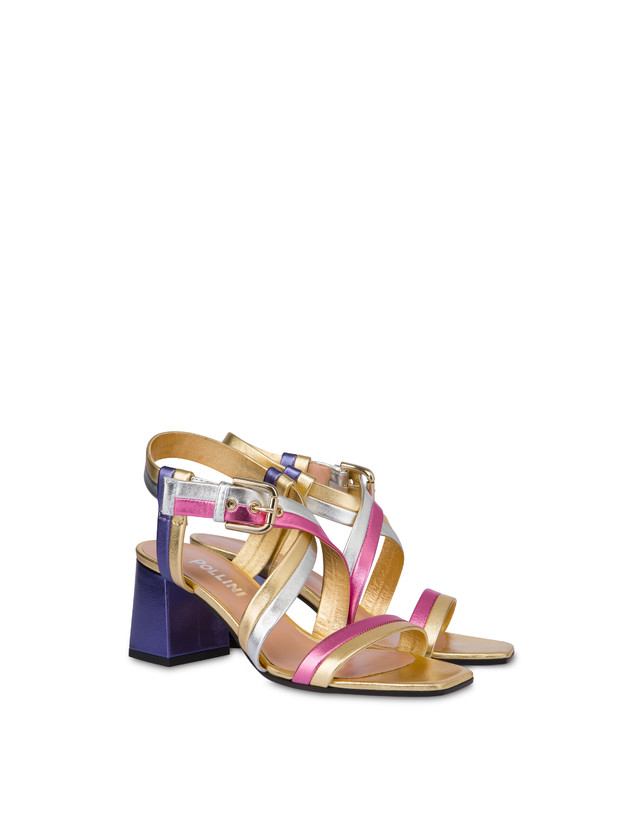 Pollini Sandali In Nappa Laminata Rainbow Oro/peonia/argento/iris In Linea