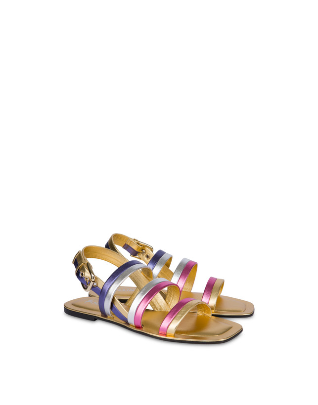 Pollini Sandali Flat In Nappa Laminata Rainbow Oro/peonia/argento/iris Convenienza