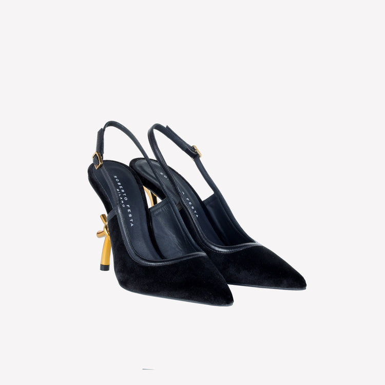 Roberto Festa SLINGBACK IN VELLUTO CON TACCO SCULTURA LOGO SANDY Soddisfazione Garantita