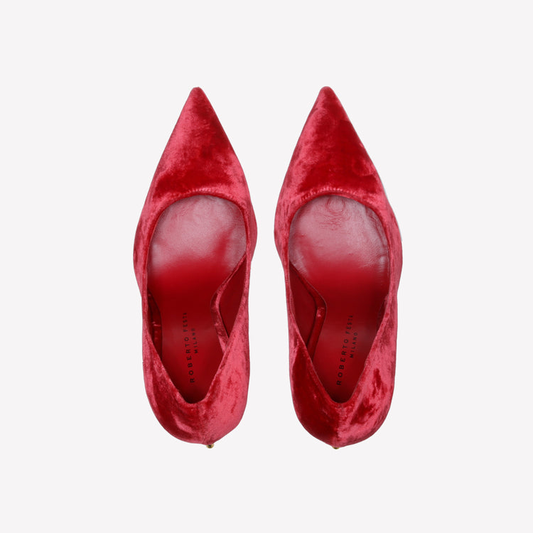 Roberto Festa DECOLLETE’ IN VELLUTO ROSSO CON TACCO SCULTURA LOGO DEAR Negozi Online