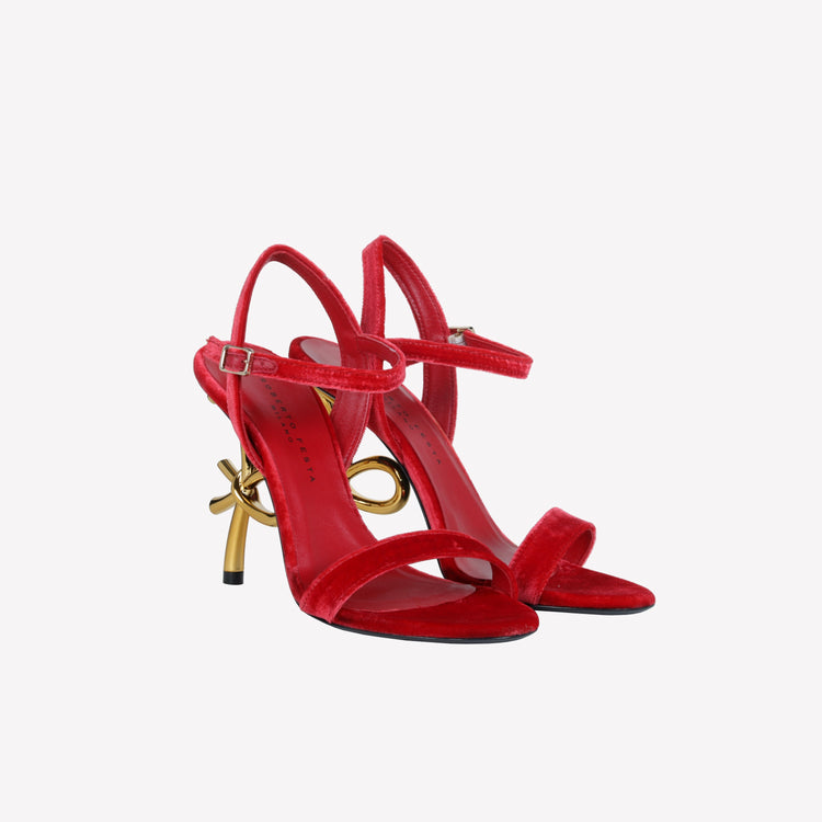 Roberto Festa SANDALO IN VELLUTO ROSSO CON TACCO SCULTURA LOGO META Shopping Online