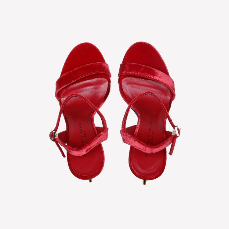 Roberto Festa SANDALO IN VELLUTO ROSSO CON TACCO SCULTURA LOGO META Shopping Online