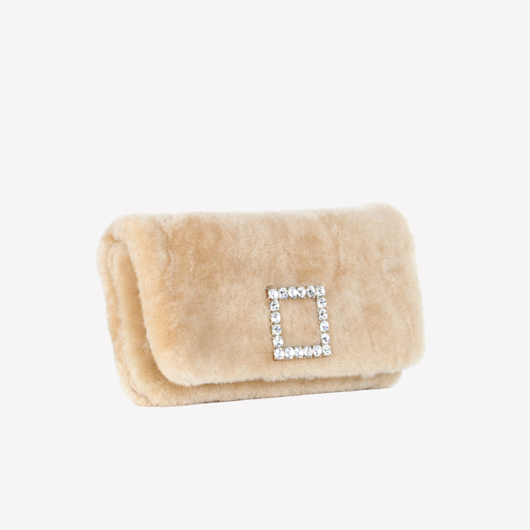 Roberto Festa BORSA CLUTCH IN MONTONE EFFETTO VISONE MIELE CON FIBBIA QUADRA COLOR GOLD CON CRISTALLI CAPRILUX Economico