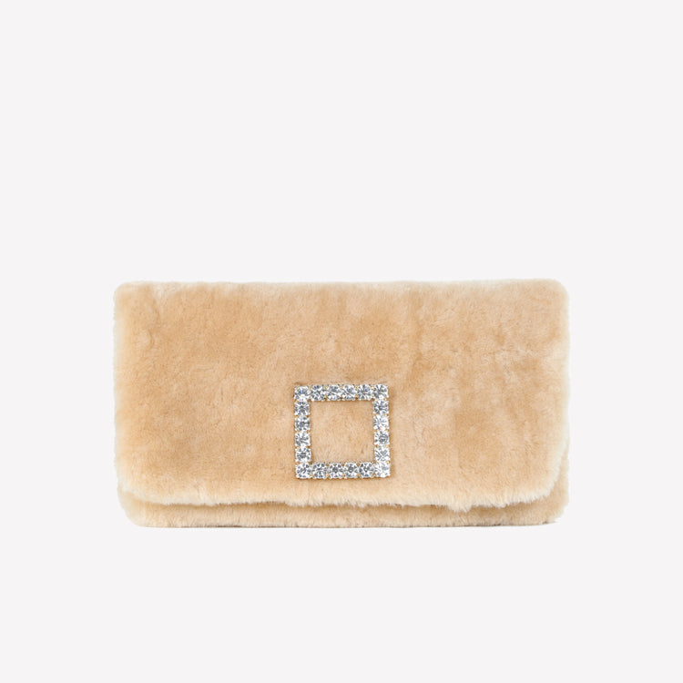 Roberto Festa BORSA CLUTCH IN MONTONE EFFETTO VISONE MIELE CON FIBBIA QUADRA COLOR GOLD CON CRISTALLI CAPRILUX Economico