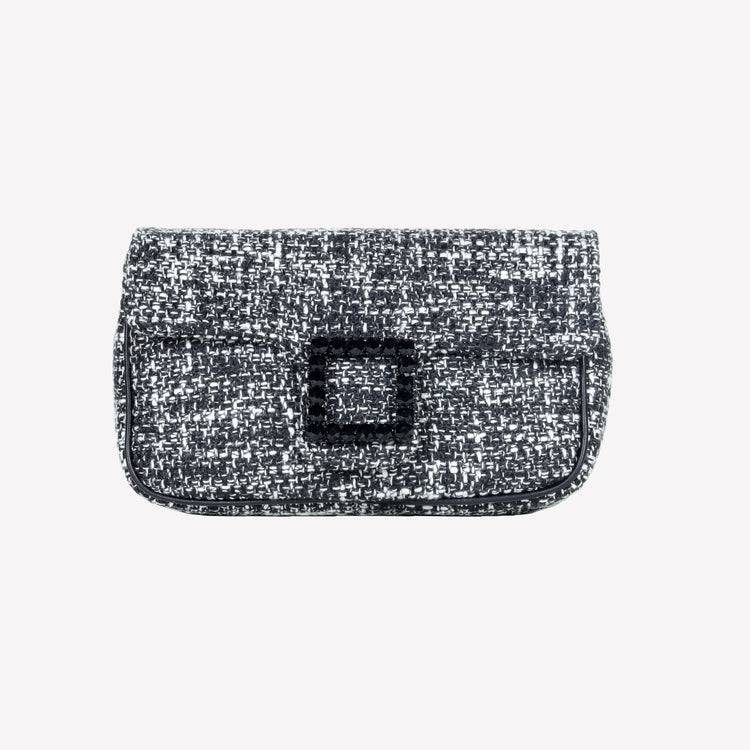 Roberto Festa BORSA A SPALLA IN TESSUTO CHICCO DI RISO BIANCO NERO CON ACCESSORIO FIBBIA QUADRA CON CRISTALLI LUNETTE Outlet