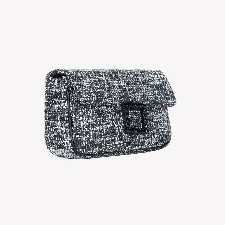 Roberto Festa BORSA A SPALLA IN TESSUTO CHICCO DI RISO BIANCO NERO CON ACCESSORIO FIBBIA QUADRA CON CRISTALLI LUNETTE Outlet