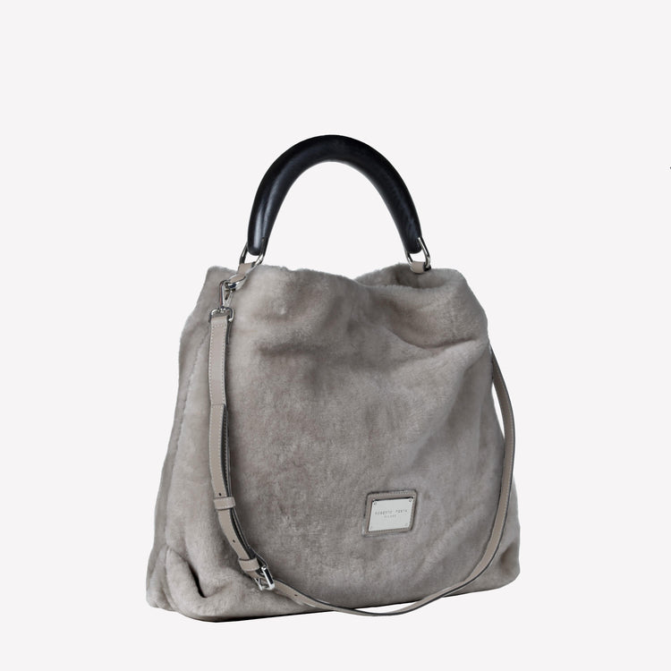 Roberto Festa BORSA A SPALLA IN MONTONE EFFETTO VISONE COLOR NUTRIA CON MANICO IN LEGNO NERO BIANCA Negozio