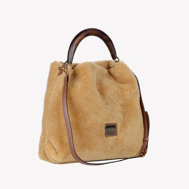 Roberto Festa BORSA A SPALLA IN MONTONE COLOR TEDDY CON MANICO IN LEGNO NOCE BIANCA In Saldo