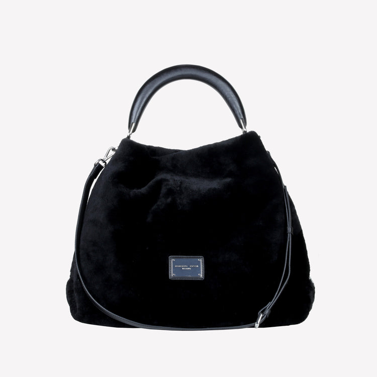 Roberto Festa BORSA A SPALLA IN MONTONE EFFETTO VISONE COLOR NERO CON MANICO IN LEGNO NERO BIANCA Nuova
