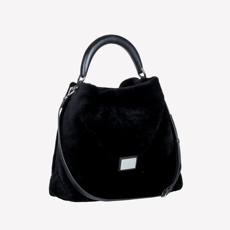 Roberto Festa BORSA A SPALLA IN MONTONE EFFETTO VISONE COLOR NERO CON MANICO IN LEGNO NERO BIANCA Nuova