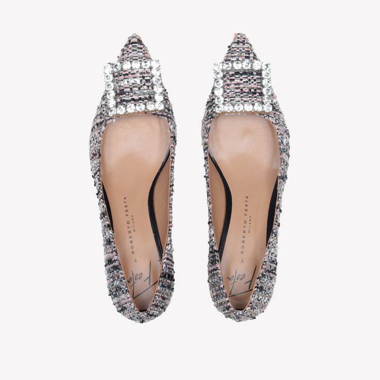 Roberto Festa DECOLLETE’ IN TESSUTO MULTICOLORE CON FIBBIA QUADRA STRASS EVILLY Italia