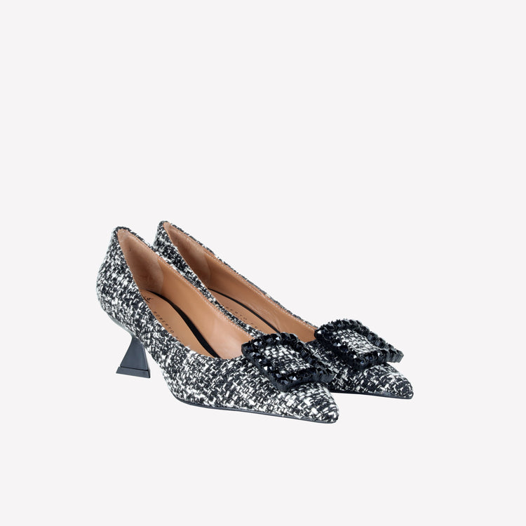 Roberto Festa DECOLLETE’ IN TESSUTO TWEED CON FIBBIA QUADRA CRISTALLI EVILLY 2025