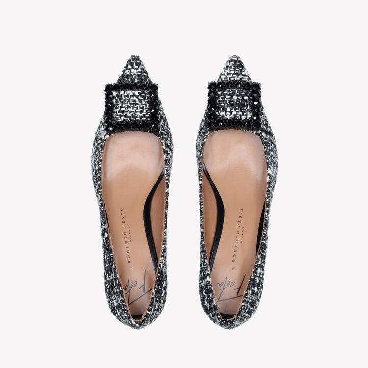 Roberto Festa DECOLLETE’ IN TESSUTO TWEED CON FIBBIA QUADRA CRISTALLI EVILLY 2025