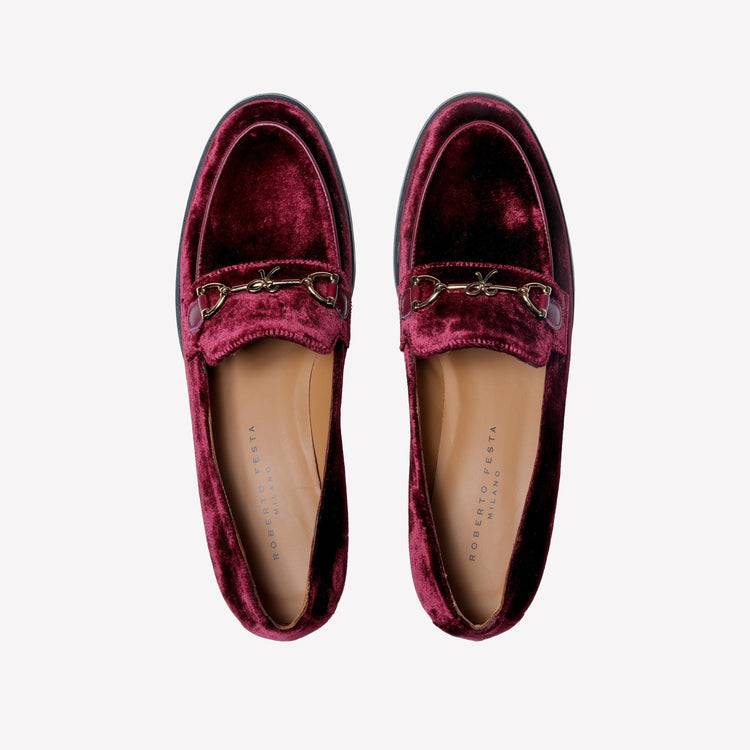 Roberto Festa MOCASSINO IN VELLUTO BORDEAUX CON ACCESSORIO MORSETTO ORO AXEL Nuovo