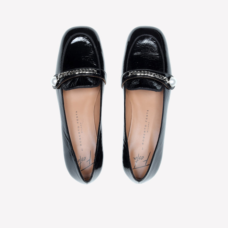 Roberto Festa MOCASSINO IN VERNICE NERA CON ACCESSORIO CATENA ARGENTO DODI Spedizione Gratuita