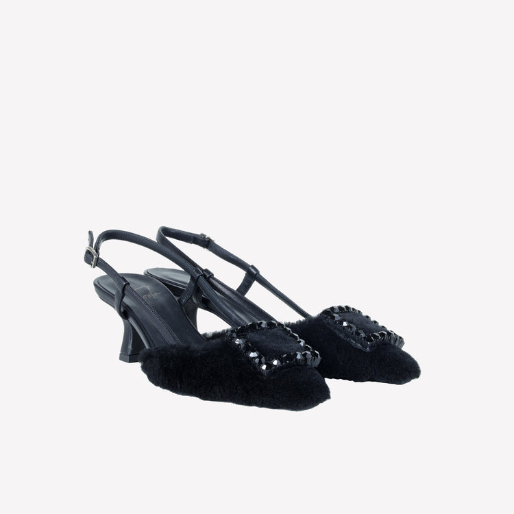 Roberto Festa SLINGBACK IN VISONE NERO CON FIBBIA QUADRA CON CRISTALLI STEFI Presa