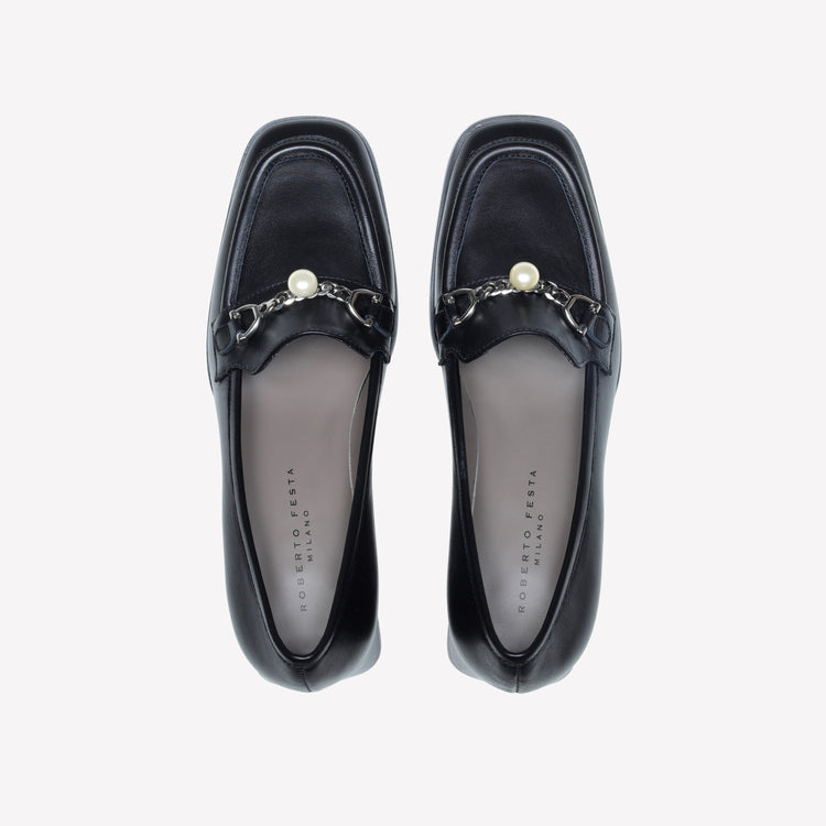 Roberto Festa MOCASSINO IN NAPPA NERO CON ACCESSORIO PERLA GERT Nuovo