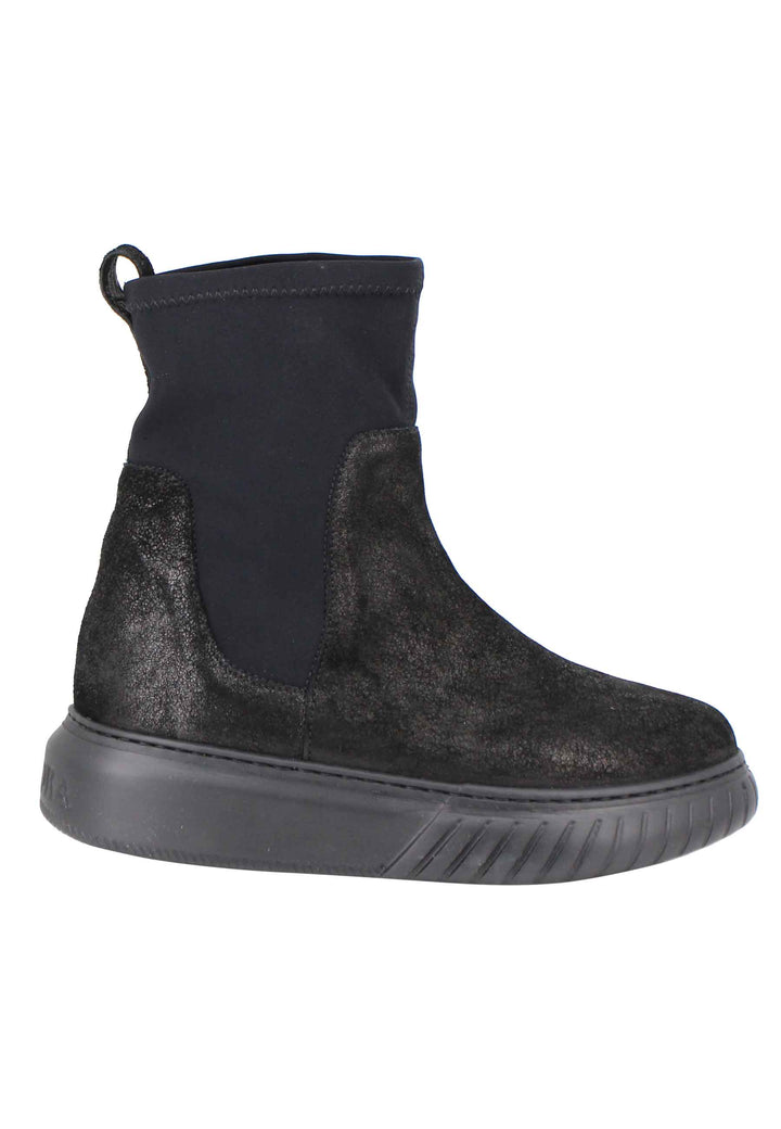 Spatarella Sneakers donna a stivaletto in pelle nera e tessuto elasticizzato in tinta suola in gomma alta Saldi Di Fabbrica