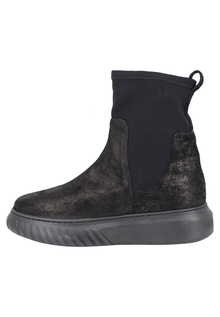Spatarella Sneakers donna a stivaletto in pelle nera e tessuto elasticizzato in tinta suola in gomma alta Saldi Di Fabbrica