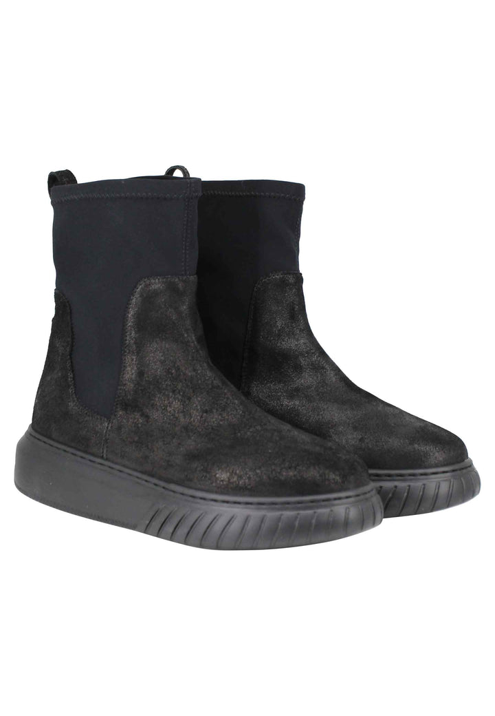 Spatarella Sneakers donna a stivaletto in pelle nera e tessuto elasticizzato in tinta suola in gomma alta Saldi Di Fabbrica