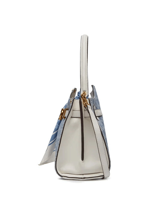 Spatarella Borse donna a spalla in cotone blu denim e pelle bianca Vendite Flash