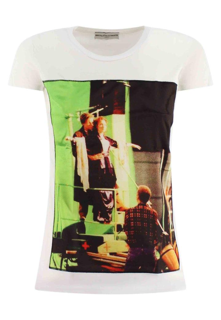Spatarella T-shirt donna Icons in cotone bianco con stampa in seta Soddisfazione Garantita