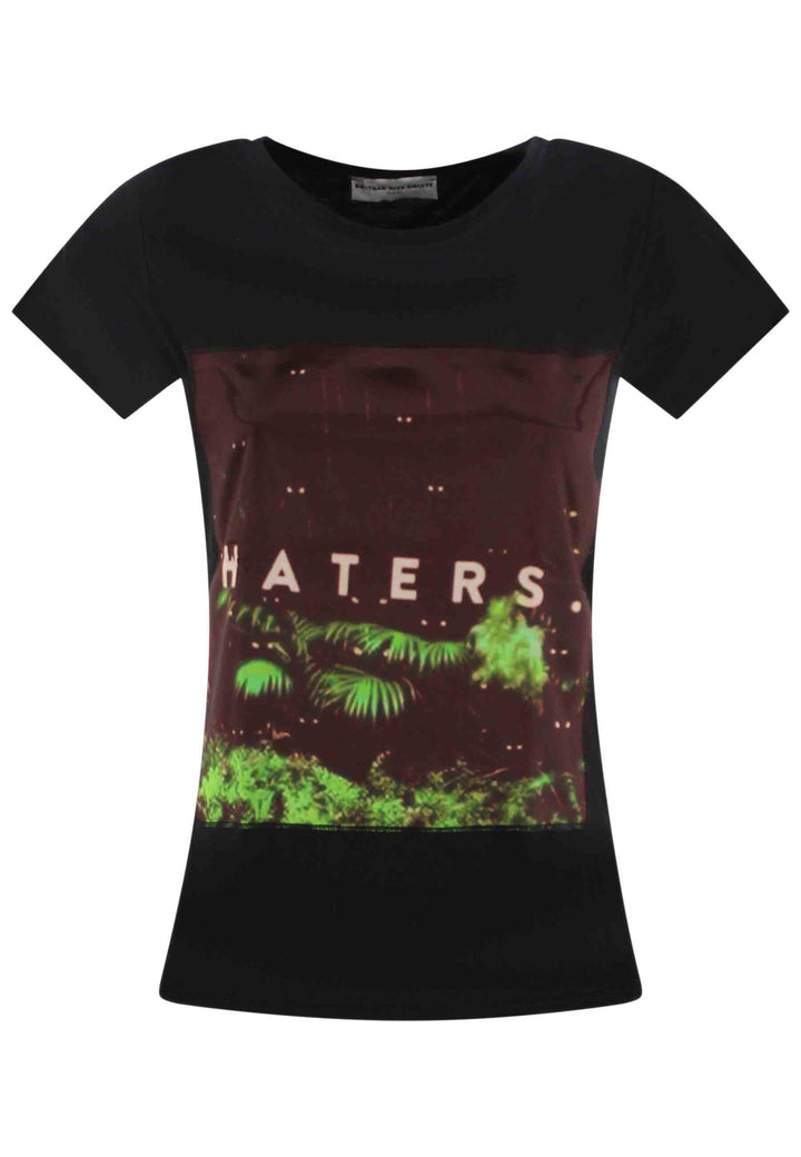 Spatarella T-shirt donna Icons in cotone nero con stampa in seta Qualità Garantita