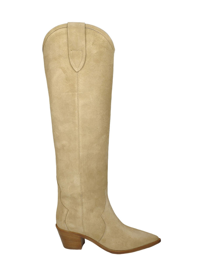 Spatarella Calzature Donna Stivali Texani In Camoscio Beige Tacco In Cuoio Consegna Veloce