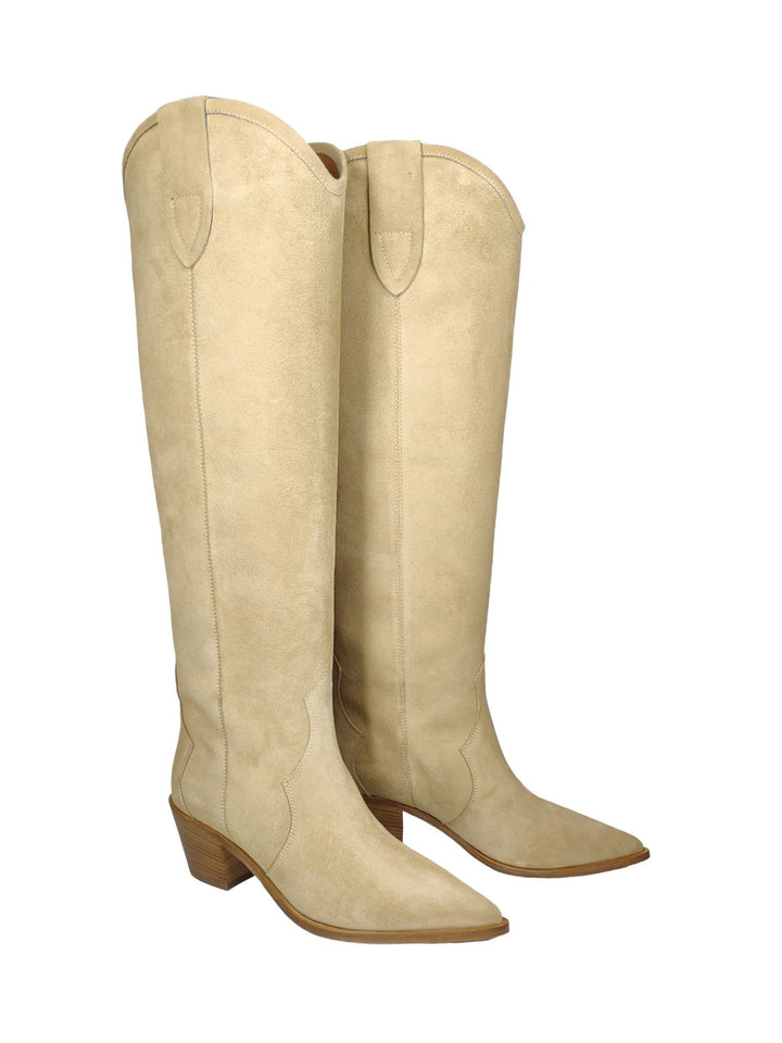 Spatarella Calzature Donna Stivali Texani In Camoscio Beige Tacco In Cuoio Consegna Veloce