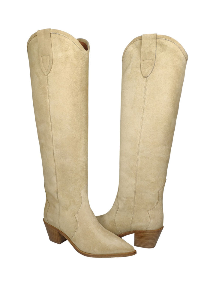 Spatarella Calzature Donna Stivali Texani In Camoscio Beige Tacco In Cuoio Consegna Veloce