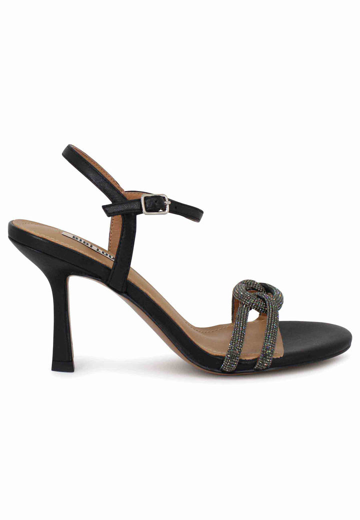 Spatarella Sandali donna Katia in pelle nera tacco alto con strass e cinturino alla caviglia Presa