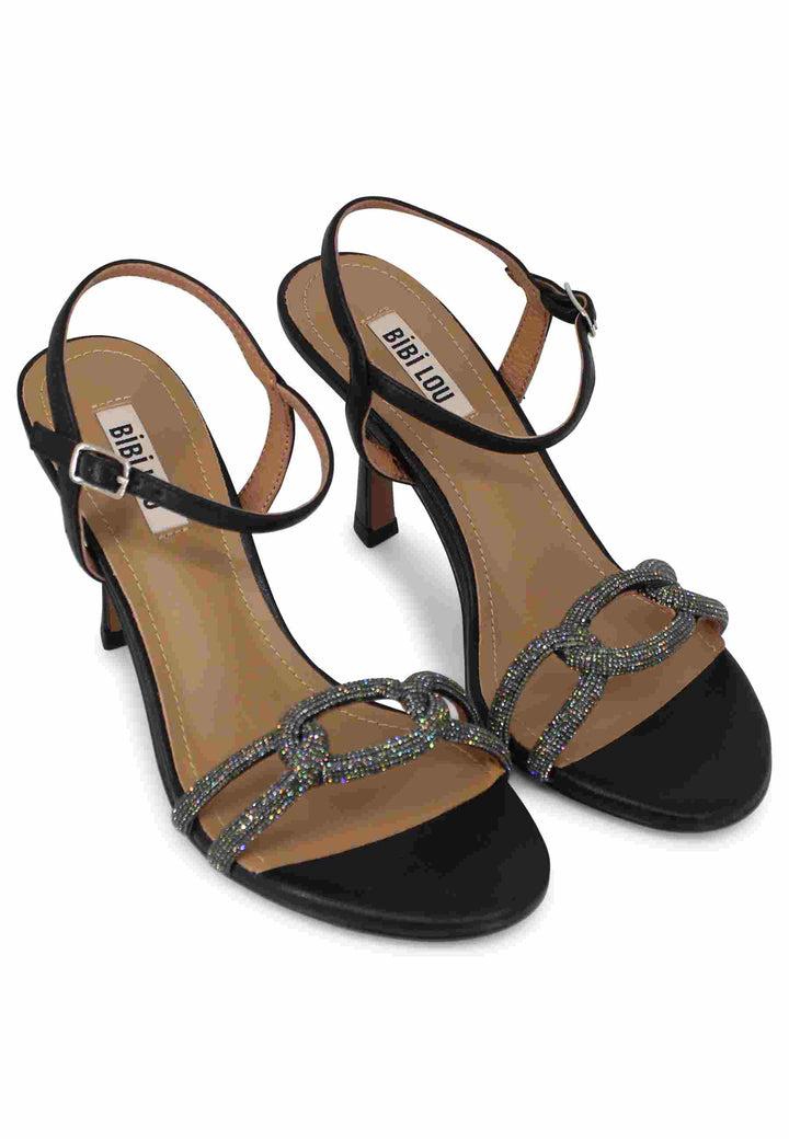 Spatarella Sandali donna Katia in pelle nera tacco alto con strass e cinturino alla caviglia Presa