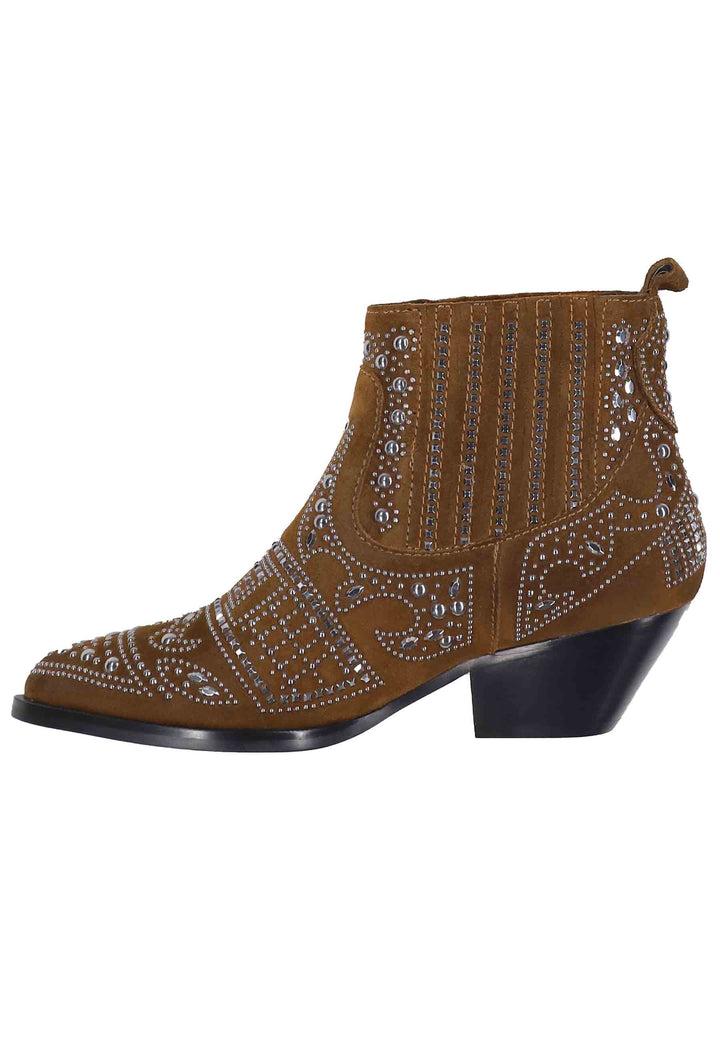 Spatarella Stivaletti texani donna in camoscio cuoio con borchie e tacco basso Soho In Vendita
