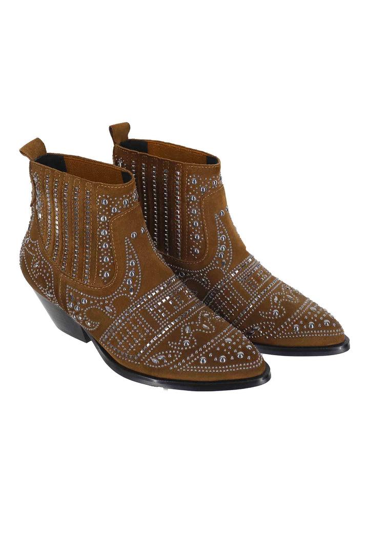 Spatarella Stivaletti texani donna in camoscio cuoio con borchie e tacco basso Soho In Vendita