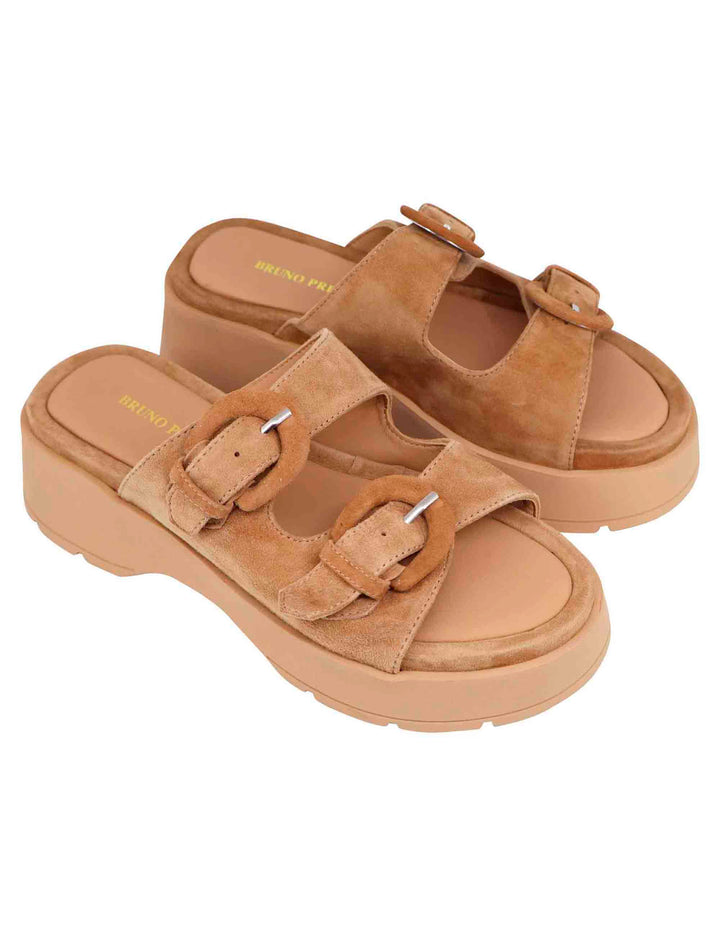 Spatarella Sandali donna in camoscio beige con suola in gomma alta e fibbie Vendite Flash