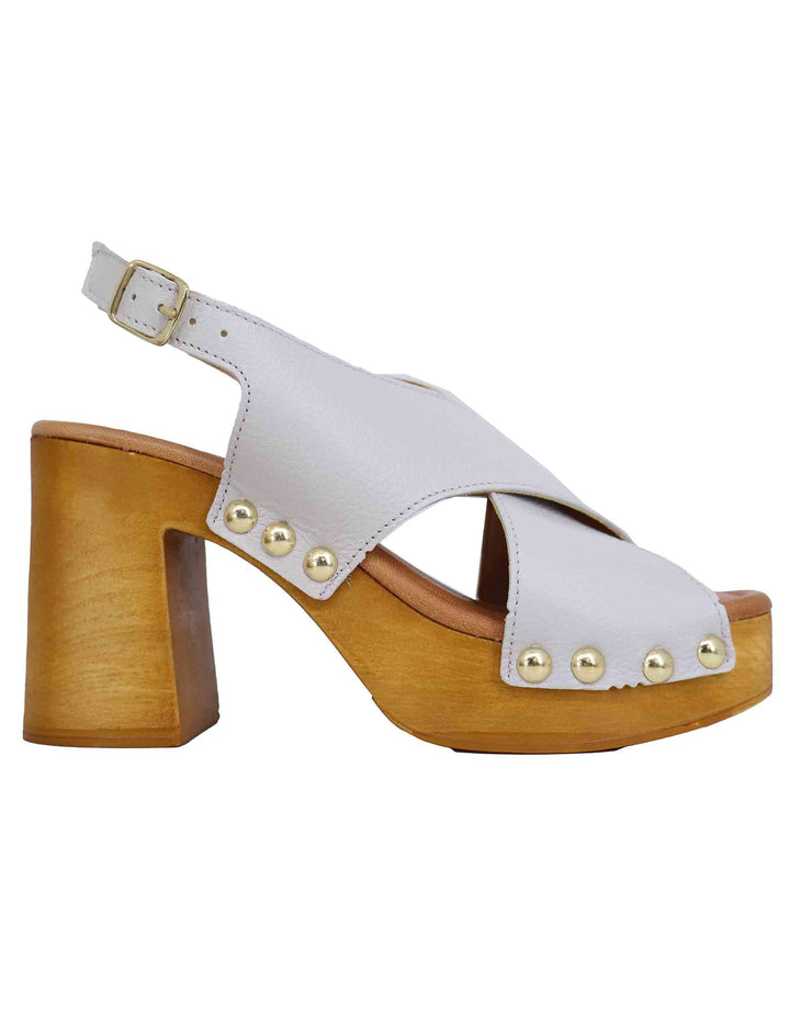 Spatarella Zoccoli slingback donna in pelle bianca con fibbie oro e tacco alto Nuova
