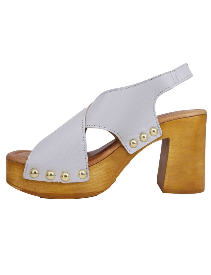Spatarella Zoccoli slingback donna in pelle bianca con fibbie oro e tacco alto Nuova