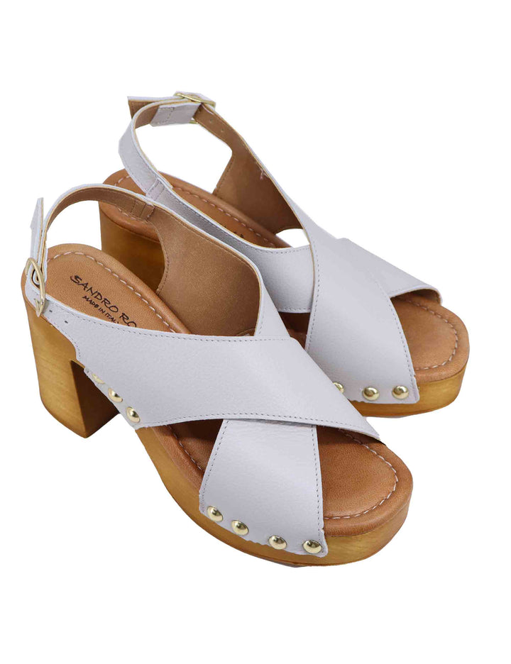 Spatarella Zoccoli slingback donna in pelle bianca con fibbie oro e tacco alto Nuova