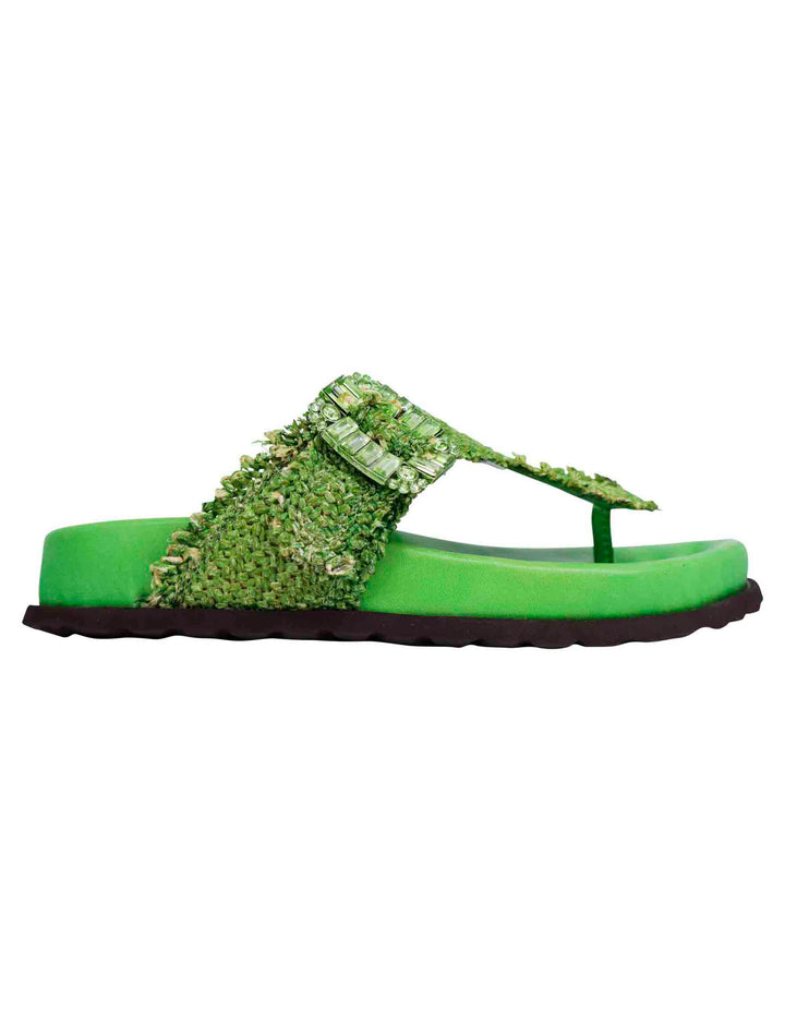 Spatarella Sandali infradito donna in rafia e pelle verde con fussbett alto Moda
