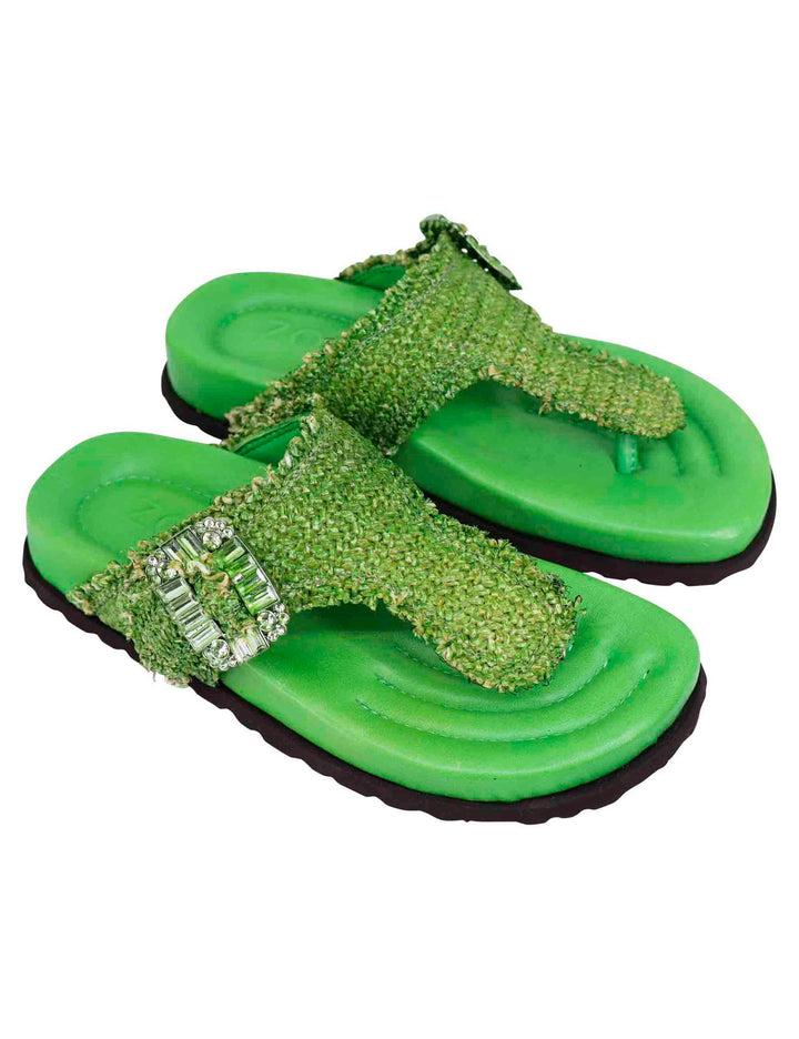 Spatarella Sandali infradito donna in rafia e pelle verde con fussbett alto Moda