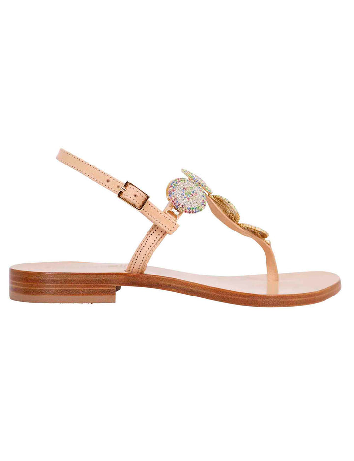 Spatarella Sandali flat slingback donna in pelle naturale con gioiello e suola in cuoio In Linea