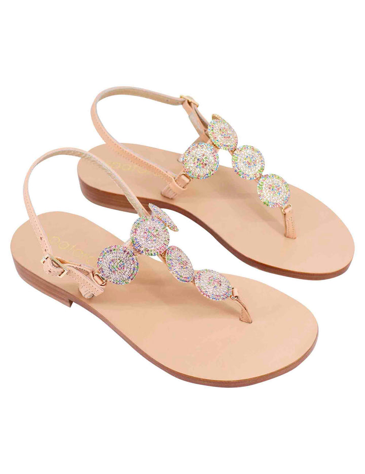 Spatarella Sandali flat slingback donna in pelle naturale con gioiello e suola in cuoio In Linea
