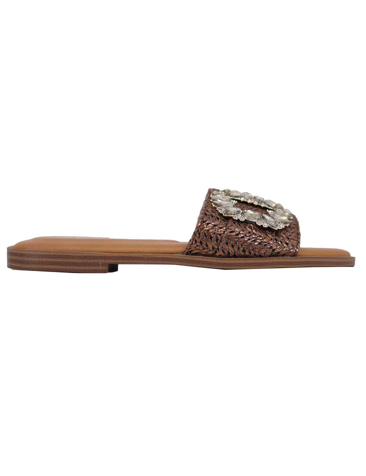 Spatarella Sandali flat donna in tessuto bronzo con fibbia in strass Nuovo