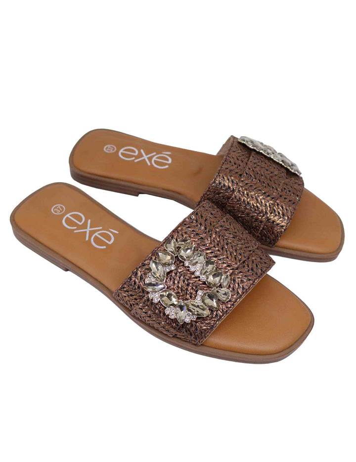 Spatarella Sandali flat donna in tessuto bronzo con fibbia in strass Nuovo