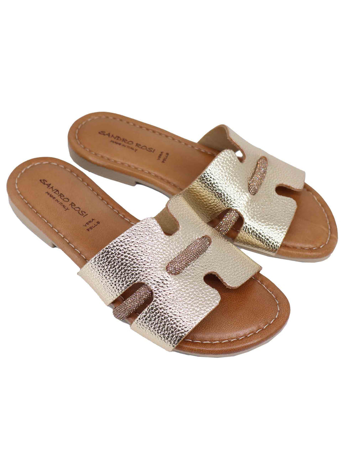 Spatarella Sandali flat donna in pelle laminata platino con stass Qualità