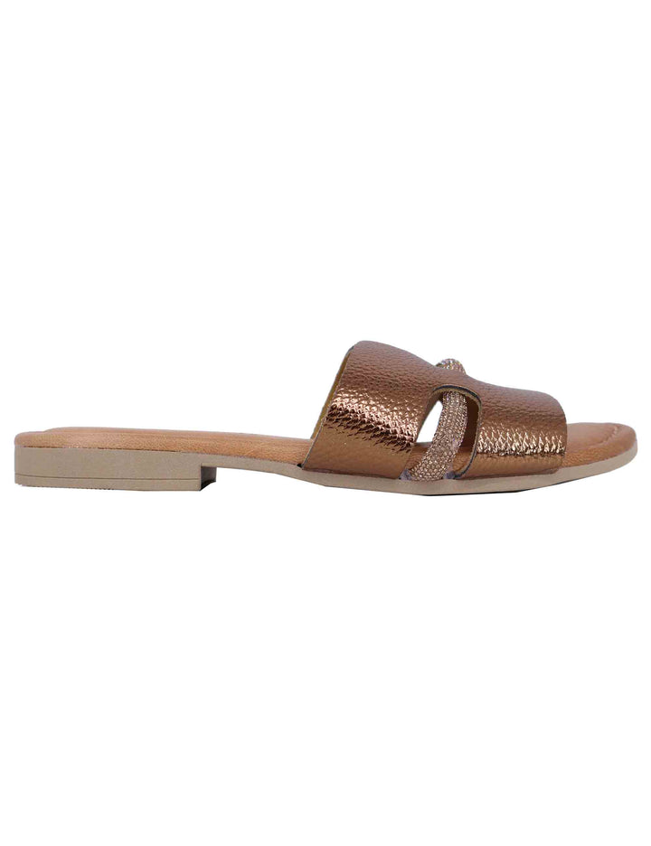 Spatarella Sandali flat donna in pelle laminata bronzo con stass Vendita