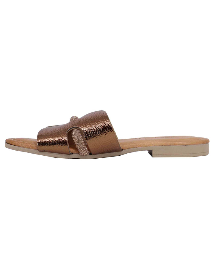 Spatarella Sandali flat donna in pelle laminata bronzo con stass Vendita